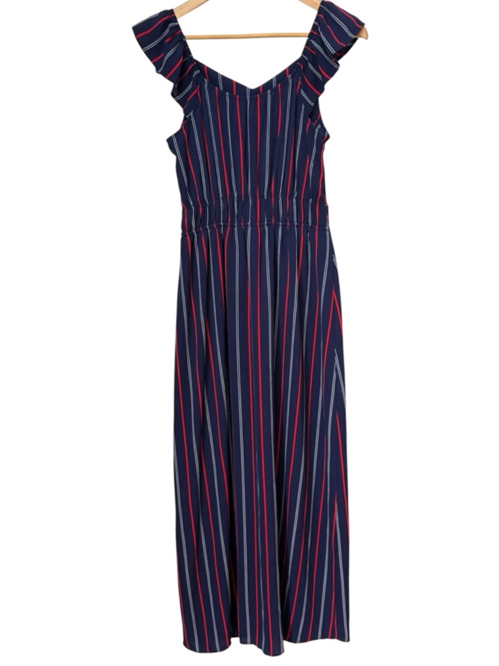 Monteau Striped Flutter Sleeve Navy Blue Split Hem Lined Maxi Dress. Medium.